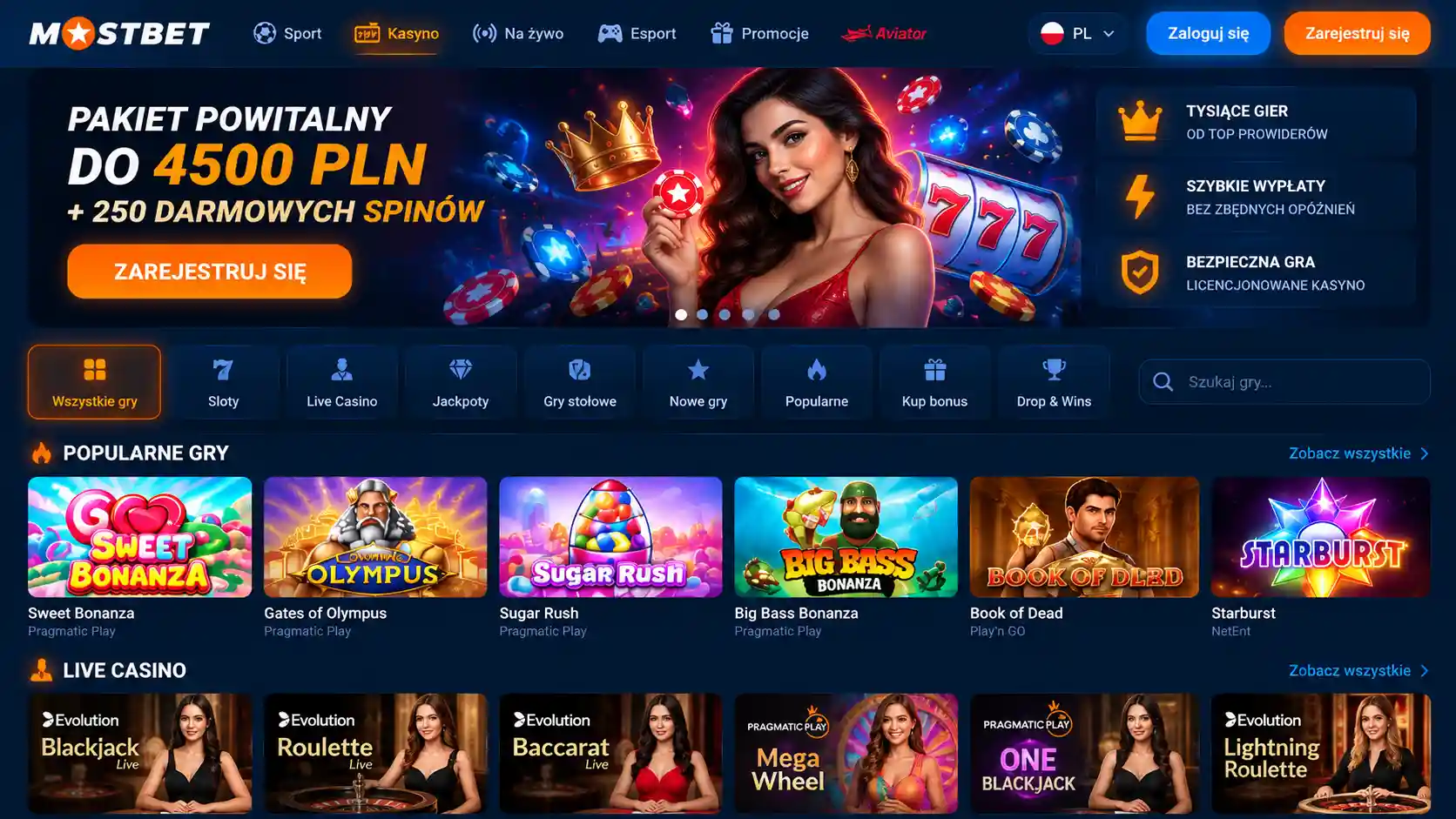 Strona główna Mostbet Casino PL – widok desktopowy