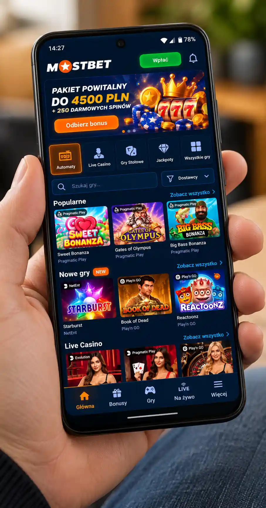 Aplikacja mobilna Mostbet na smartfonie Android