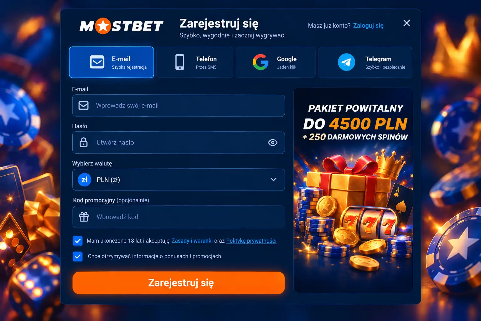 Formularz rejestracji Mostbet – cztery metody założenia konta