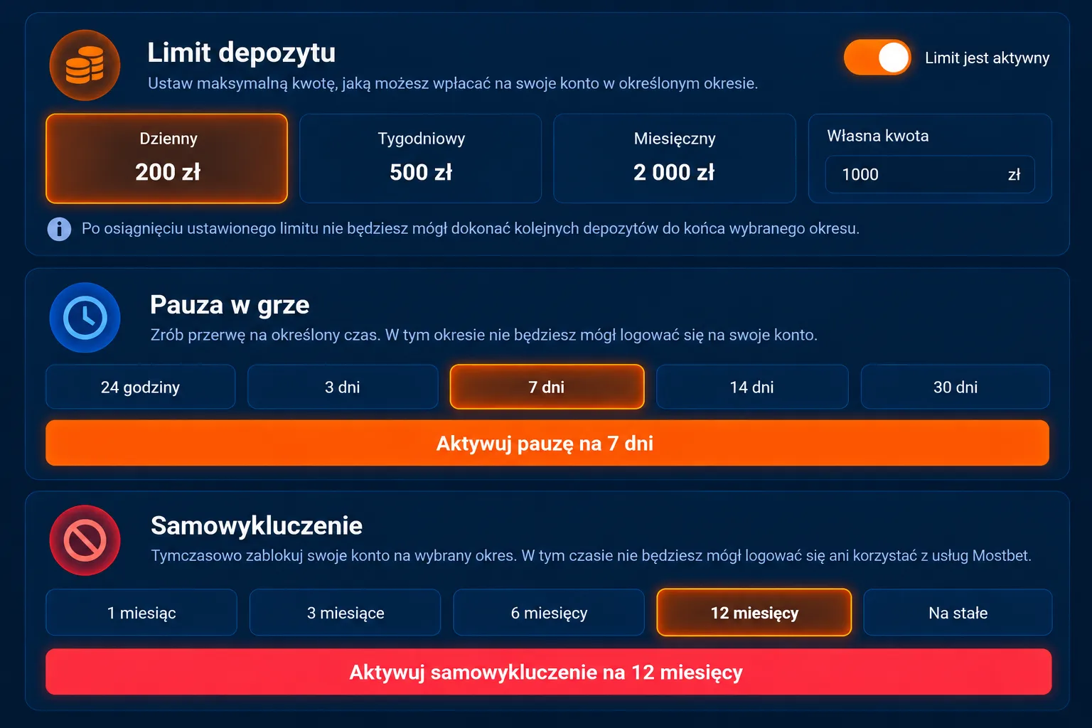 Panel odpowiedzialnej gry Mostbet – limit depozytu, pauza, samowykluczenie